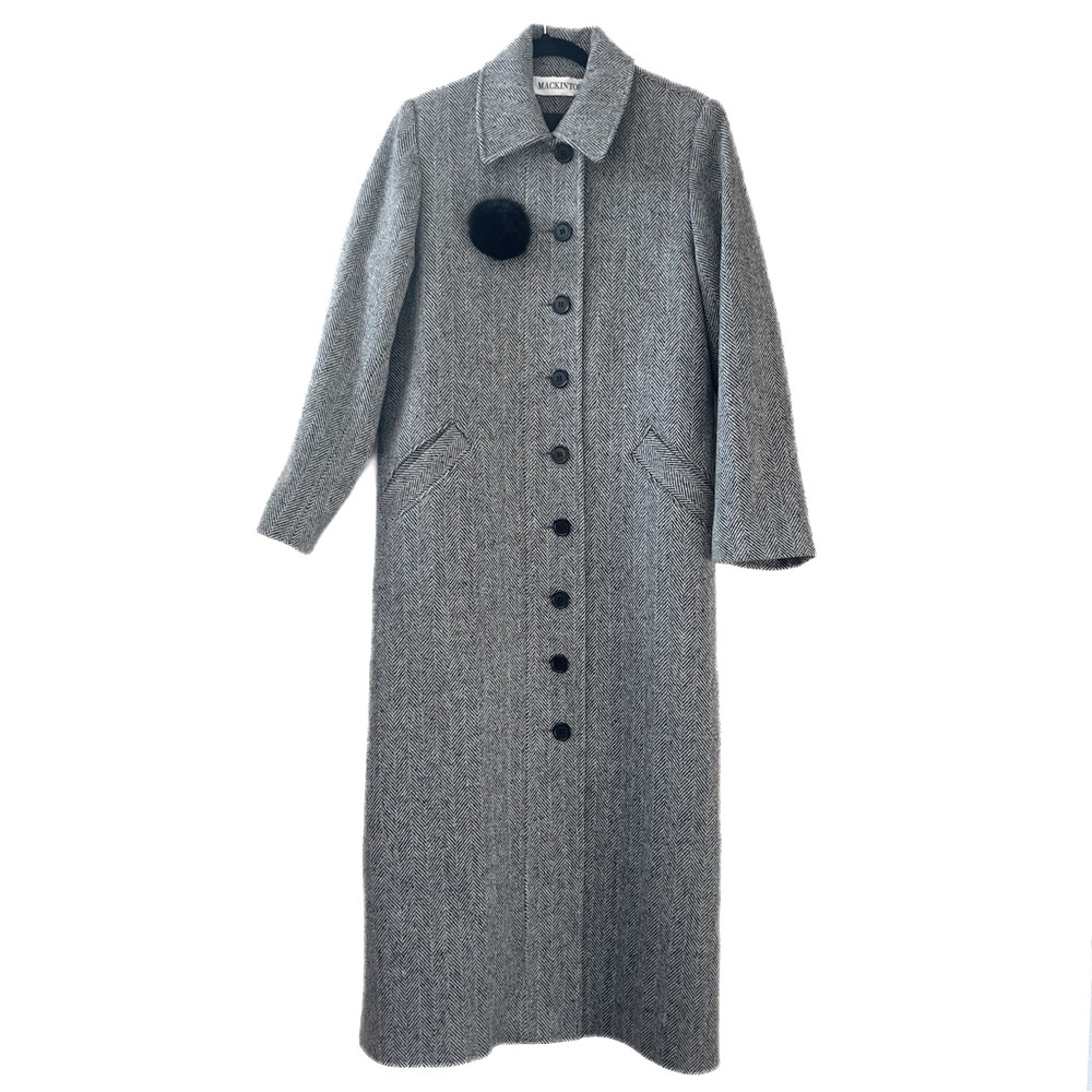 MACKINTOSH Long Wool Coat Vintage Grey Herringbone Overcoat Womens Small 90s 80s
